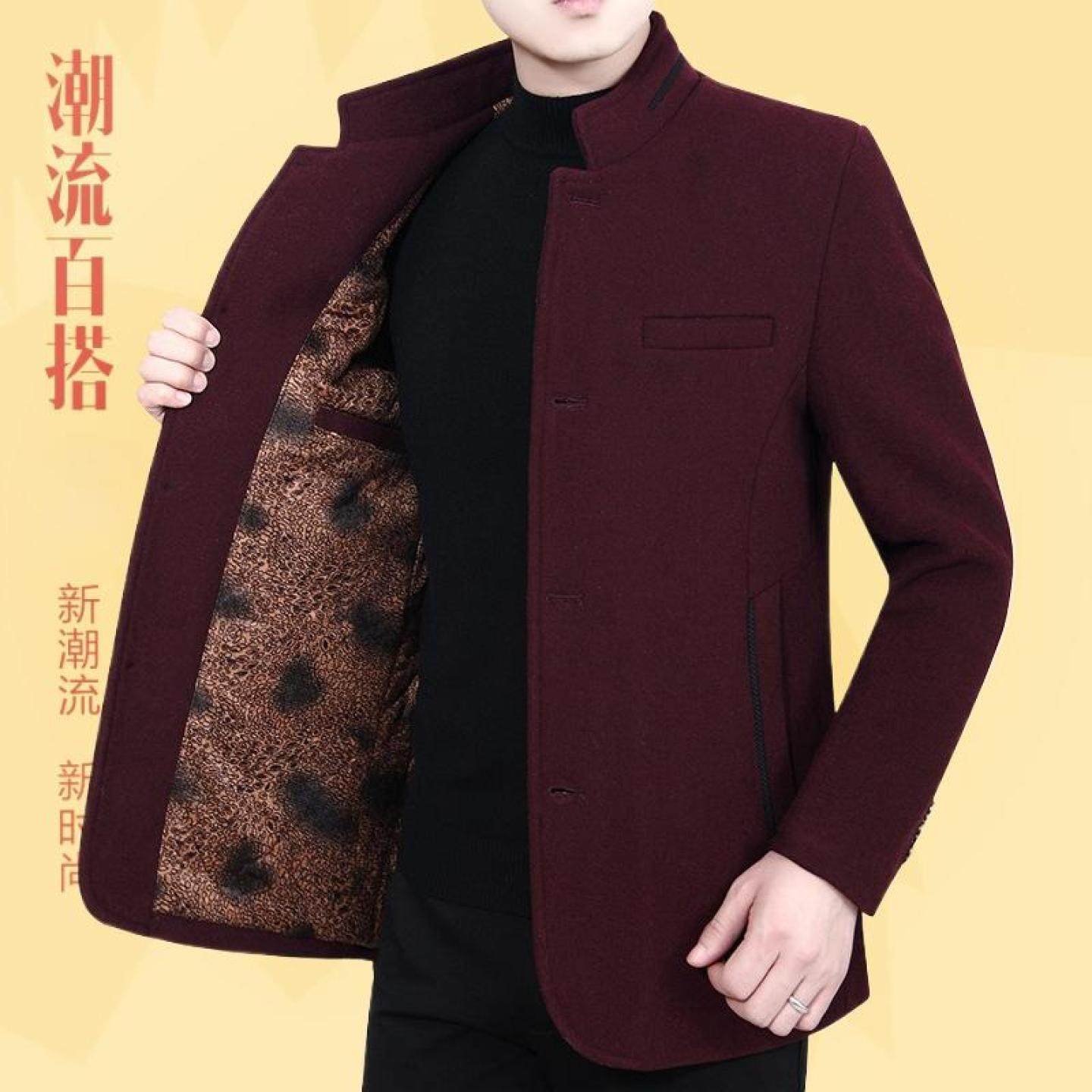 秋夹克加厚冬季外套百搭领款中年加绒毛呢立休闲男士冬装爸爸