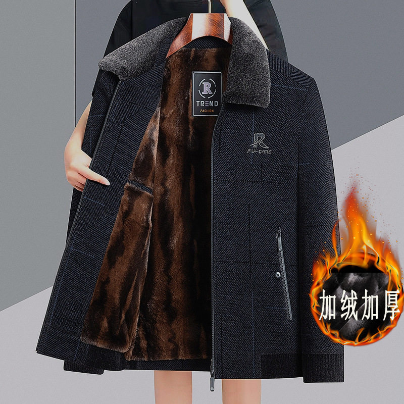 爸爸加绒加厚秋冬雪尼尔中老年男士休闲夹克衫老年人男装外套棉衣