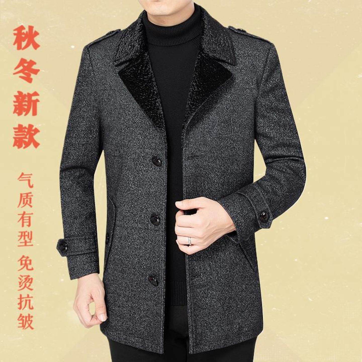 中长男羊呢子年款毛上衣毛呢中爸爸冬季外套休闲百搭男大衣秋