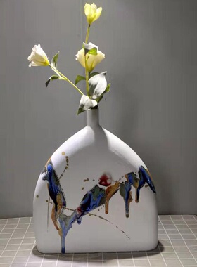 简约田园色釉扁平陶瓷花瓶插花家居装饰电视柜客厅桌面摆件工艺品