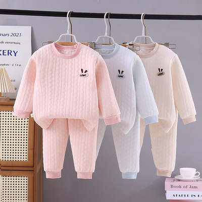 儿童保暖内衣套装纯棉a类三层夹棉男童女童秋衣秋裤加厚冬季睡衣