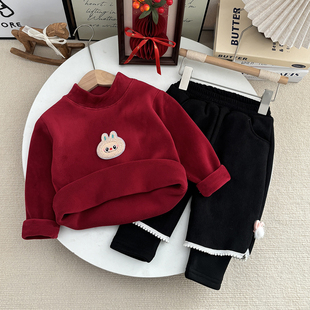 儿童加绒卫衣套装男女童2026新款红色拜年服过年喜庆半高领打底衫