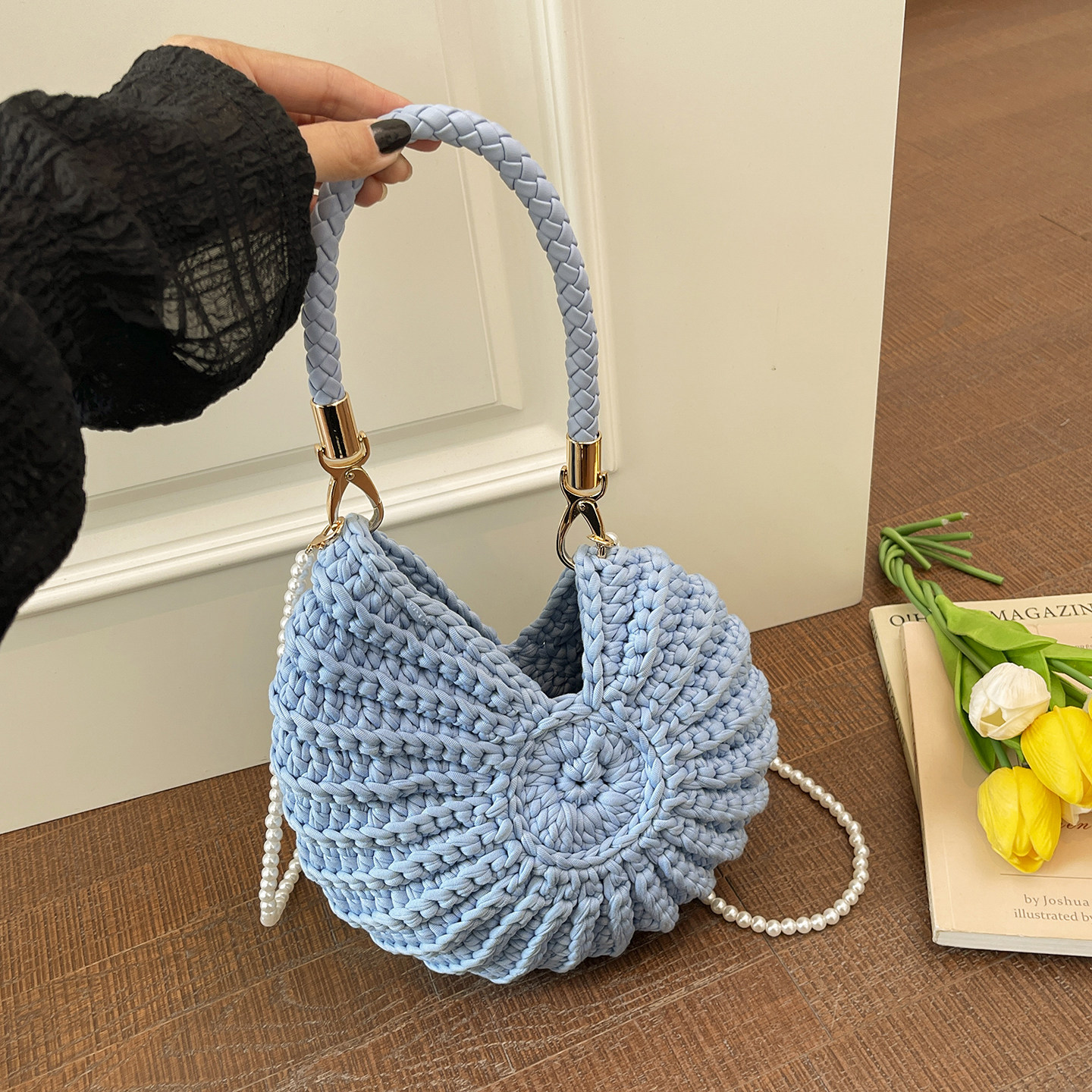 文艺小众手工编织贝壳包女蓝色珍珠链条单肩包度假包包2026夏新款