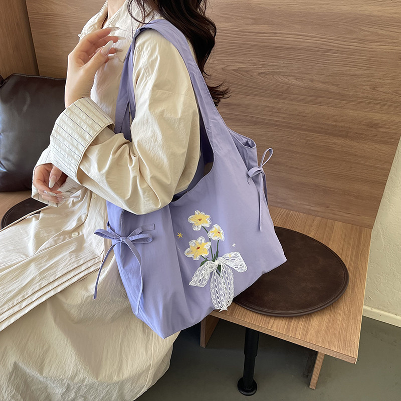 文艺小清新花朵刺绣托特包女大容量系带通勤单肩包少女风帆布袋包