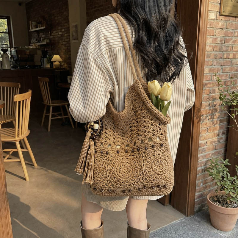 2026春夏新款文艺手工编织水桶包女单肩包大容量度假风镂空托特包,箱包皮具/热销女包/男包,水桶包,淘宝优惠券,粉丝福利购,淘宝优惠卷