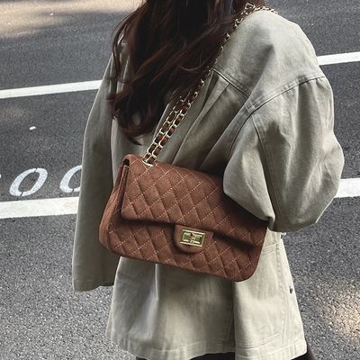 韩系超火菱格链条小包包女式2025新款轻奢小众高级感绒面斜挎小包