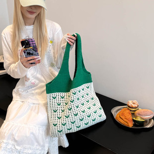 松弛感休闲针织编织托特包女绿色爱心图案单肩包小清新度假风包包