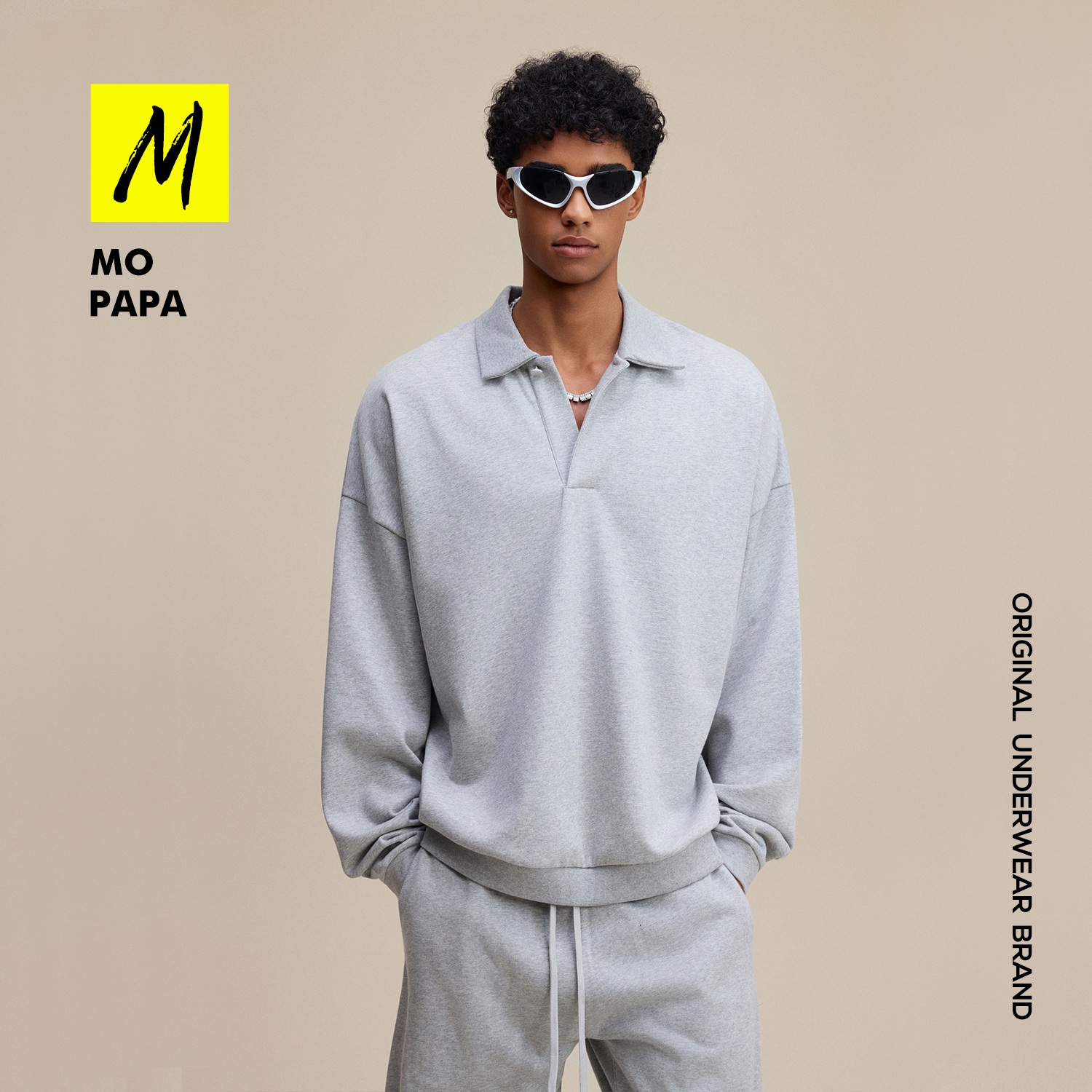 MOPAPA男装重磅潮牌翻领卫衣美式老钱风纯色polo领时尚百搭打底衫
