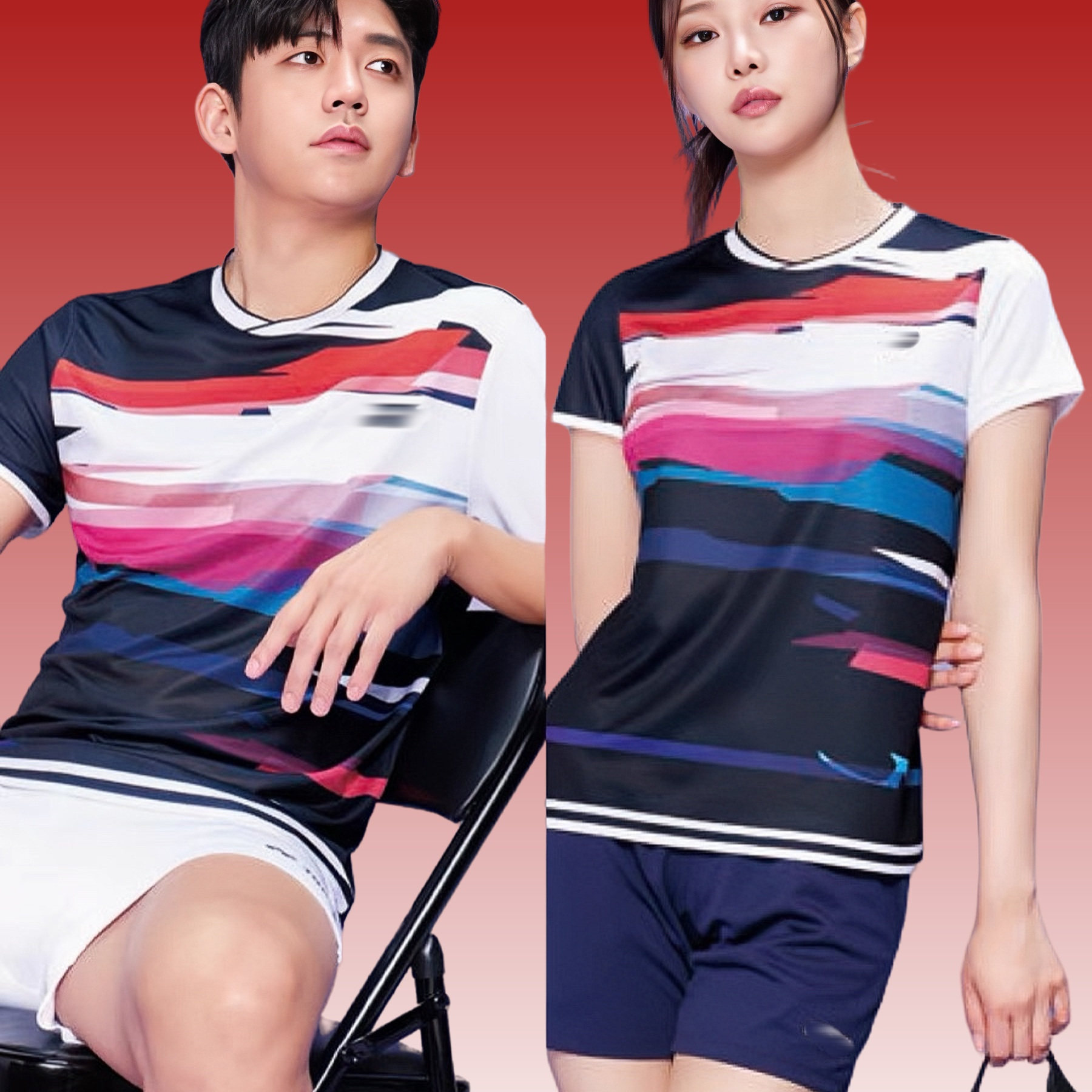 25新款韩版YY运动羽毛球服红蓝拼接撞色男上衣女短裤网球速干团队