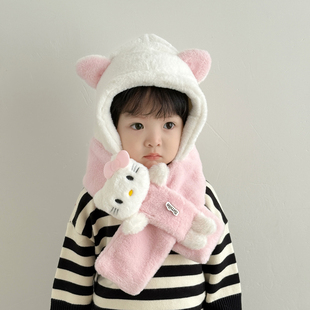 女童连帽围巾一体毛绒帽秋冬保暖防风可爱卡通加厚护耳防寒套装