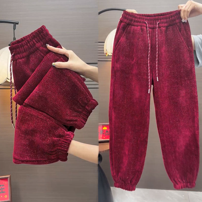 冬季新款加绒休闲裤女高腰宽松显瘦运动裤束脚百搭九分哈伦裤卫裤
