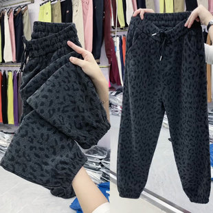 豹纹花加绒九分休闲裤女冬季新款高腰宽松显瘦运动裤束脚哈伦裤潮