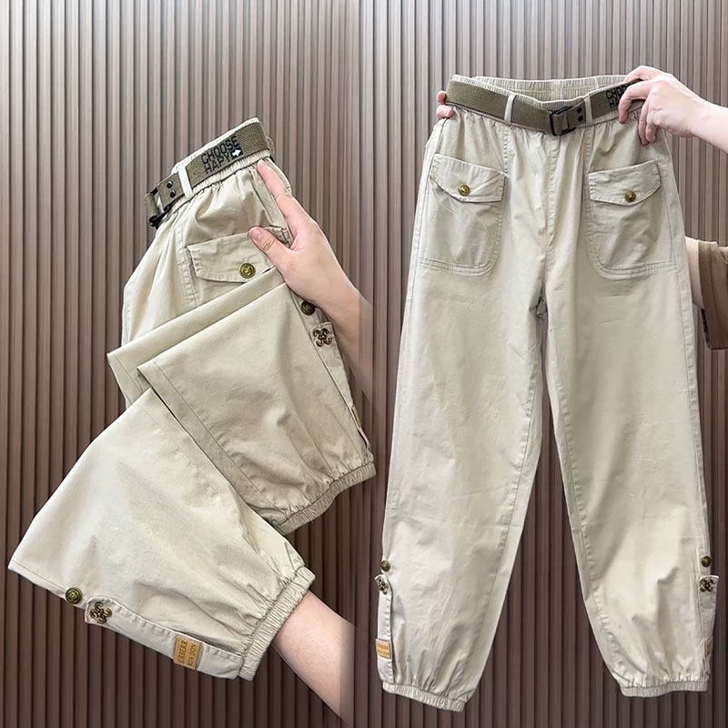 水洗棉九分工装裤女夏季薄款束脚休闲裤宽松显瘦哈伦裤高腰运动裤