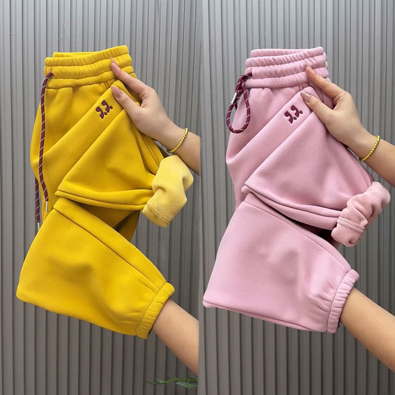 糖果色加绒九分休闲裤女冬季新款小个子显瘦哈伦裤束脚百搭运动裤