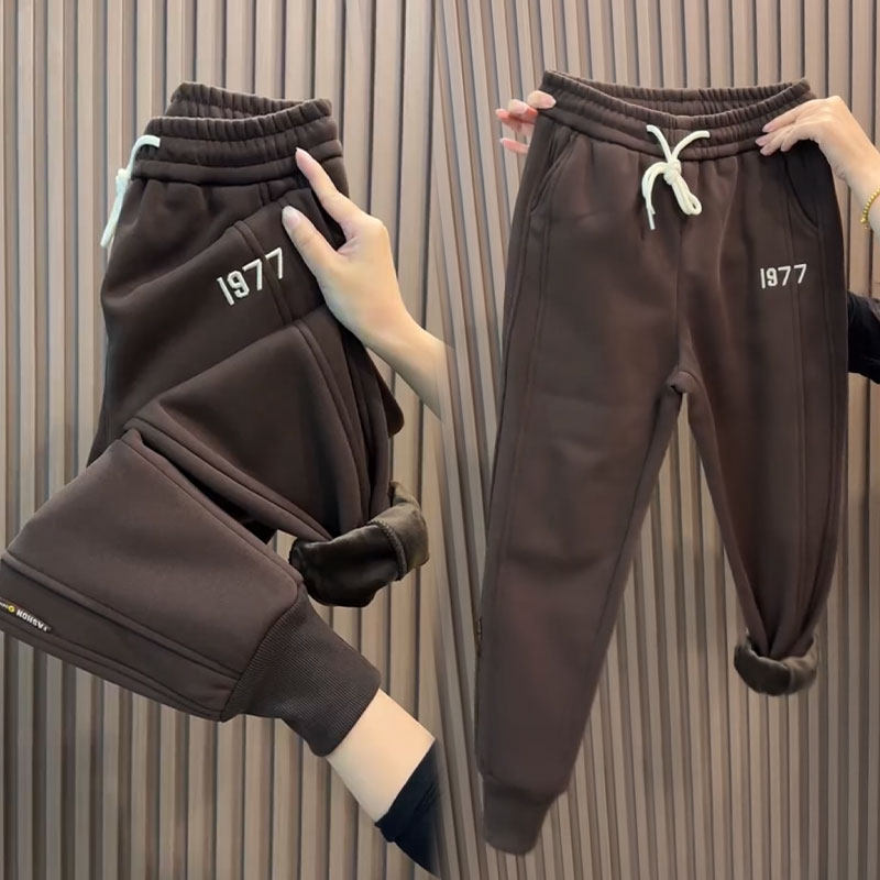 冬季新款加绒加厚休闲裤女宽松显瘦运动裤束脚百搭哈伦裤高腰卫裤