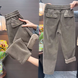 加厚羊羔绒九分直筒裤女冬季新款高腰显瘦加绒休闲裤百搭哈伦裤潮