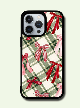 ins风复古绿色格纹红色蝴蝶结16pro时尚手机壳15promax背板金属细闪铝片14pro/13潮xr