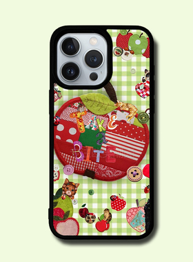 少女心绿色格纹可爱红苹果16时尚手机壳15promax背板金属细闪铝片14pro/12/11/13潮xr