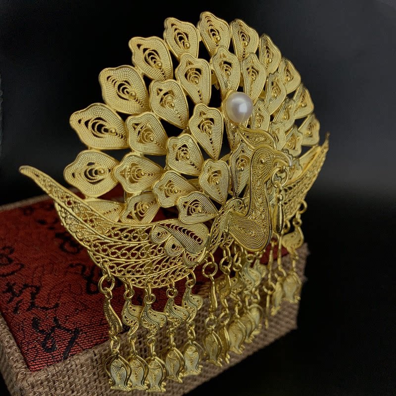 原创软璎珞项坠花丝镶嵌后压簪子纯银镀金明制汉服婚礼古风头发饰