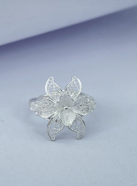 【银笙歌】小众文艺民族凤配饰足银百合花掐丝工艺镂空花瓣开口戒