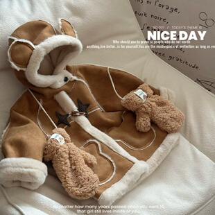 儿童外套2025冬季新款皮毛一体加厚保暖女童洋气带手套连帽上衣