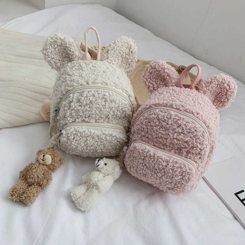 冬季超萌可爱儿童兔耳朵双肩背包新款小熊包毛绒玩具书包