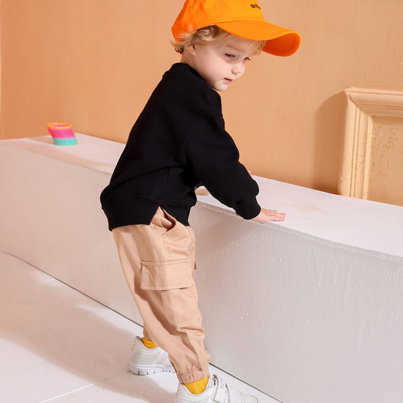 龙之涵童工装裤男宝宝中小童2021韩版春秋外穿长裤子女洋气卡其色