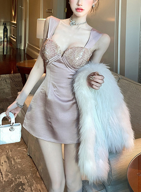 法式重工高级设计亮片收腰紫色连衣裙2025年秋冬性感时尚短裙子女