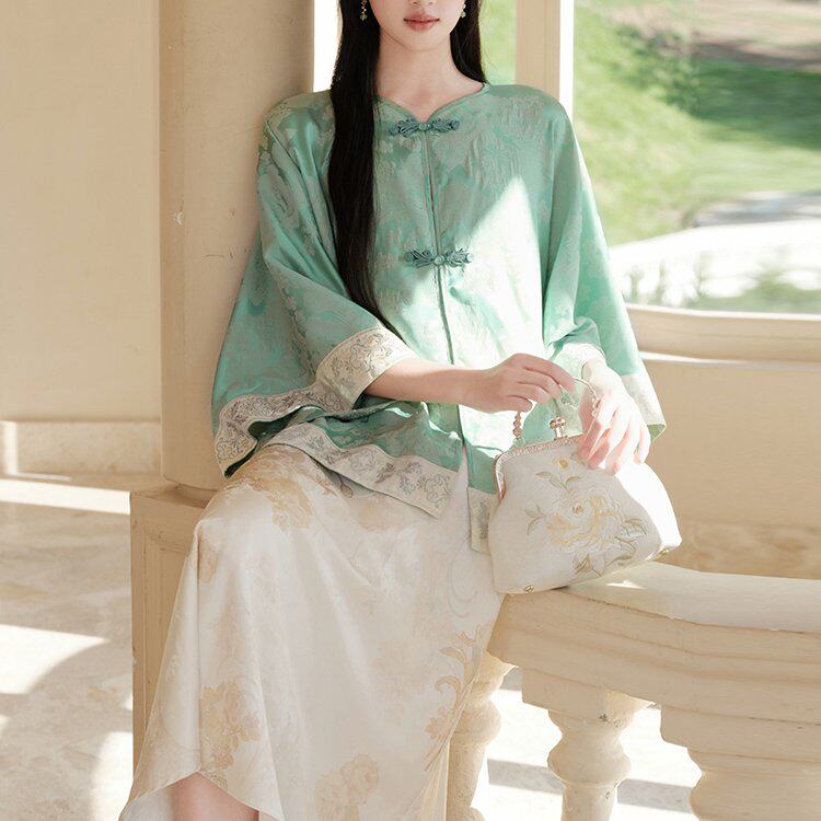 新中式国风提花薄款感拼接衬衫上衣女外套裙子套装