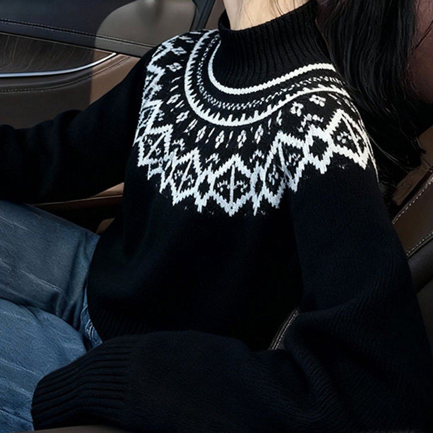 黑色费尔岛毛线衣2025冬季新款设计感小众独特巨好看洋气加厚上衣