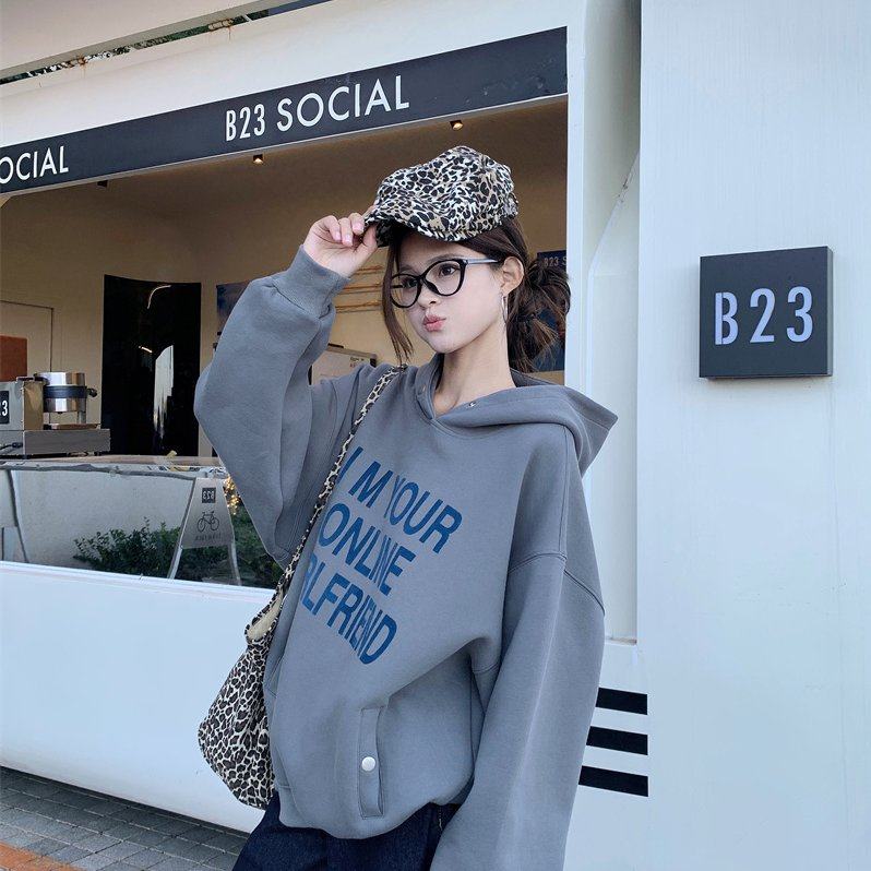 实拍 秋冬韩系设计感印花休闲百搭时尚情侣连帽卫衣