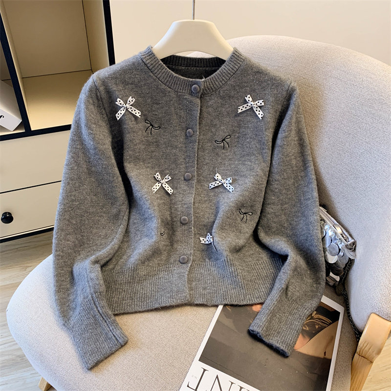 绵羊毛圆领长袖针织开衫女上衣时尚百搭蝴蝶结羊毛衫毛衣外套秋季