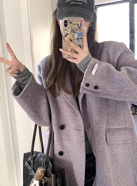 高级感紫色西装毛呢外套女宽松气质小个子短款双面呢子大衣2024冬