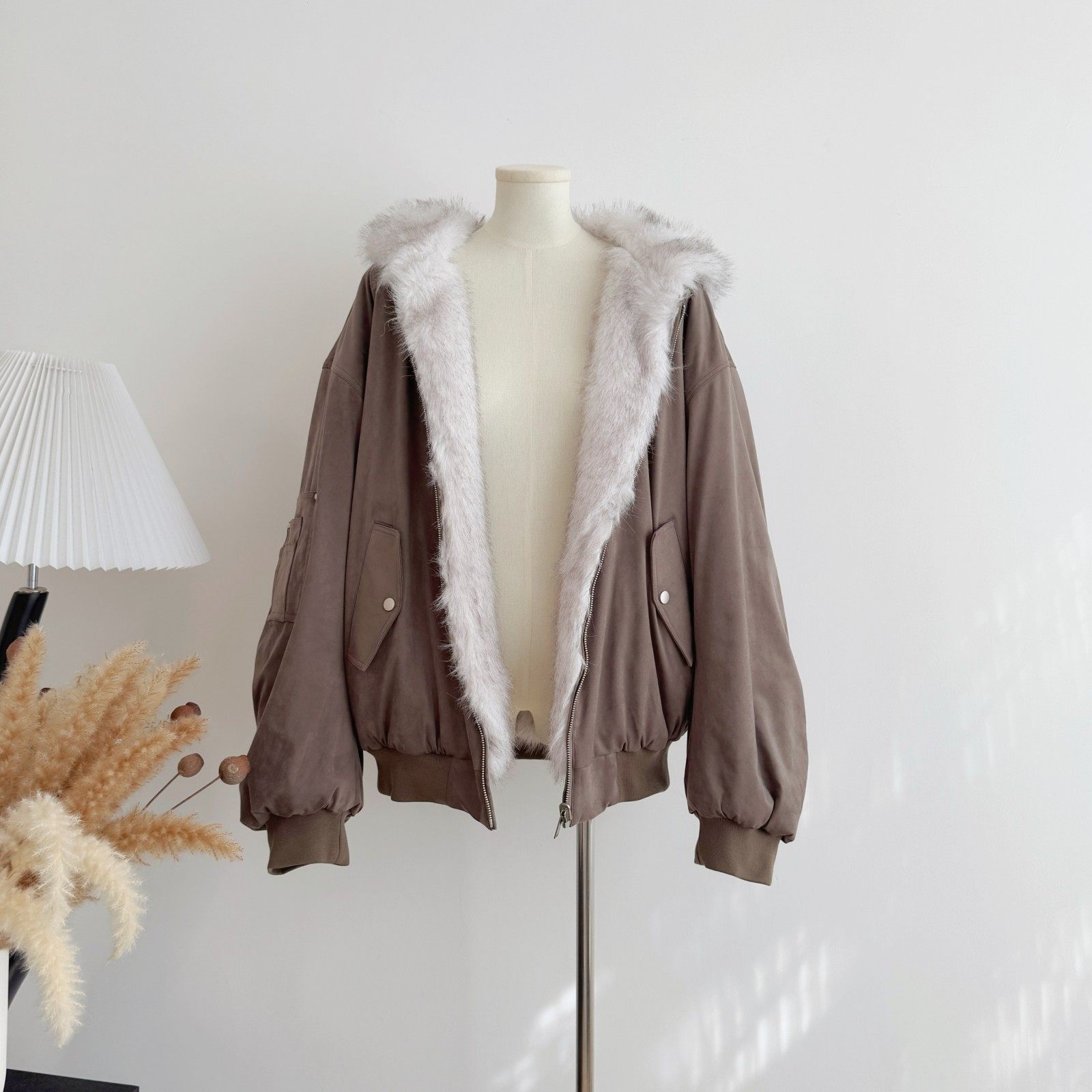 双面穿连帽外套女冬季加厚保暖美式复古麂皮加绒飞行夹克