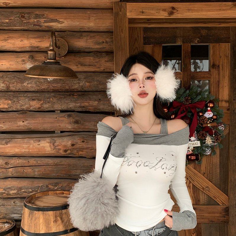 实拍实价冬季辣妹撞色拼接一字肩烫钻长袖露肩修身显瘦内搭打底衫