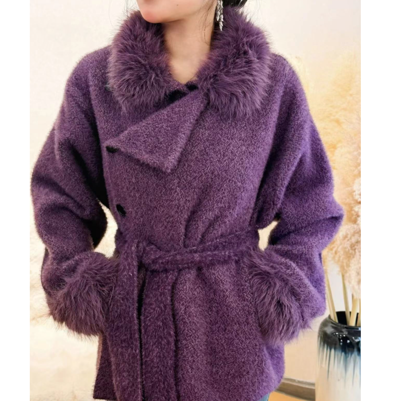 冬季美式高级感加厚小个子短款紫色毛茸茸外衣