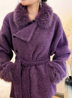 冬季美式高级感加厚小个子短款紫色毛茸茸外衣