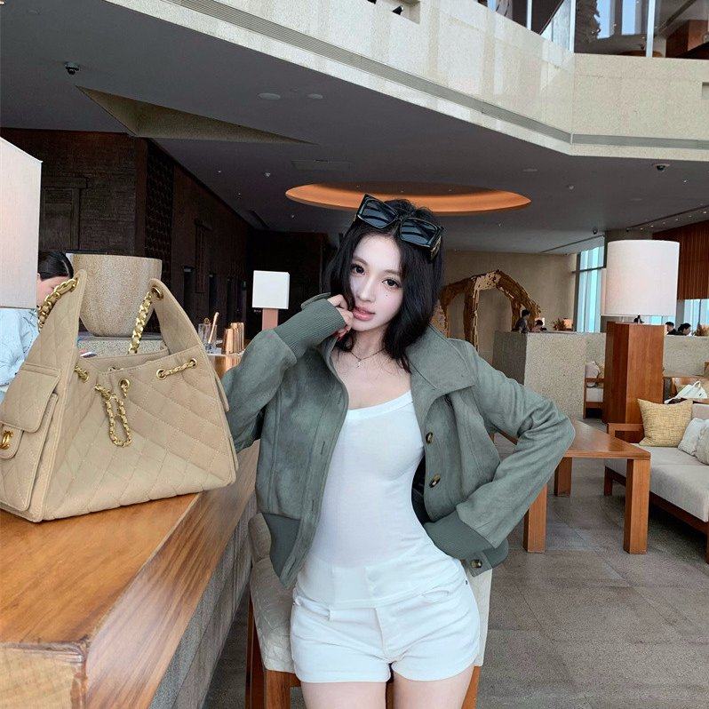 实拍短款立领麂皮质感夹克女秋新品小个子收腰显瘦设计感外搭外套,女装/女士精品,短外套,淘宝优惠券,粉丝福利购,淘宝优惠卷