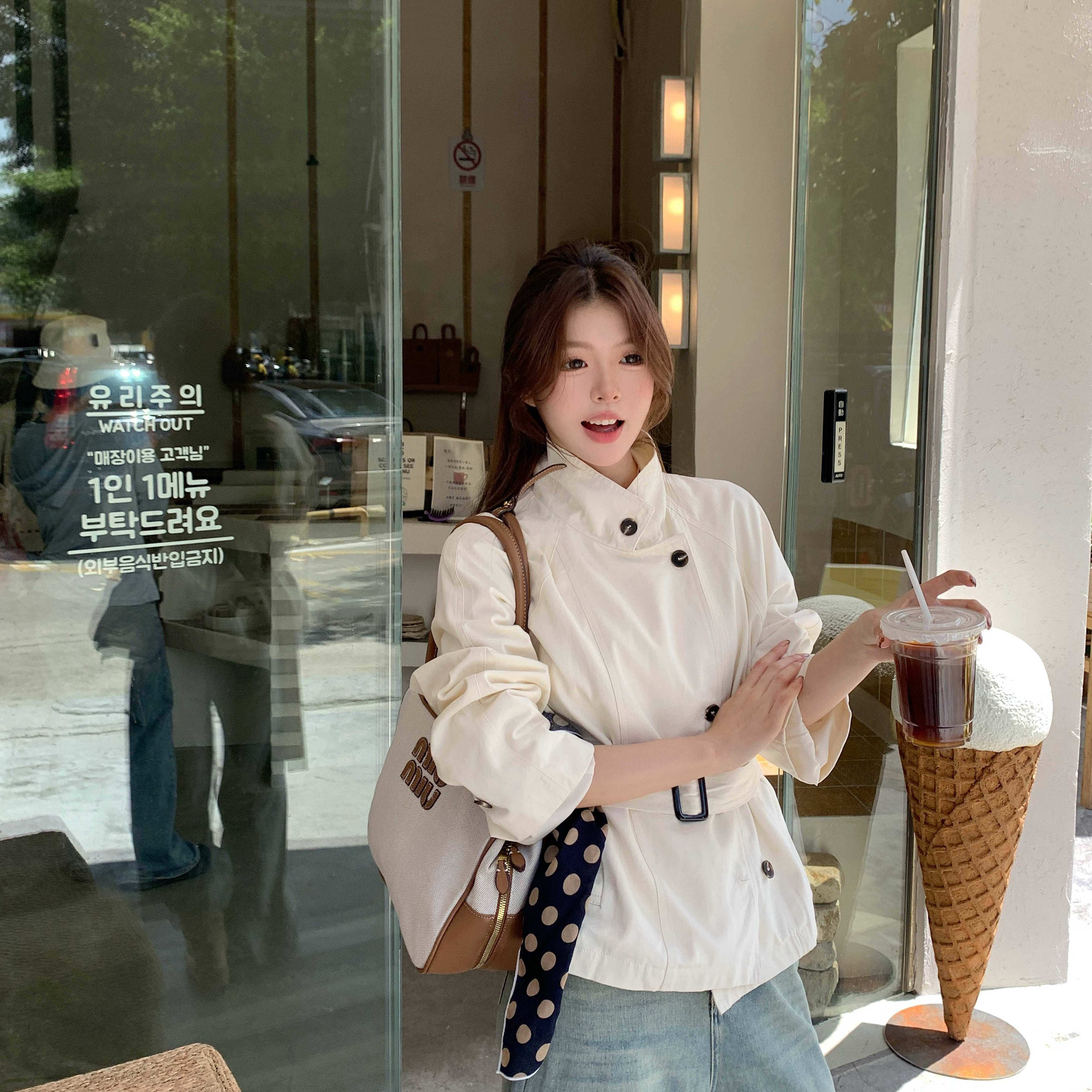 实拍 早秋韩系短款风衣外套女英伦风立领收腰外套,女装/女士精品,短外套,淘宝优惠券,粉丝福利购,淘宝优惠卷