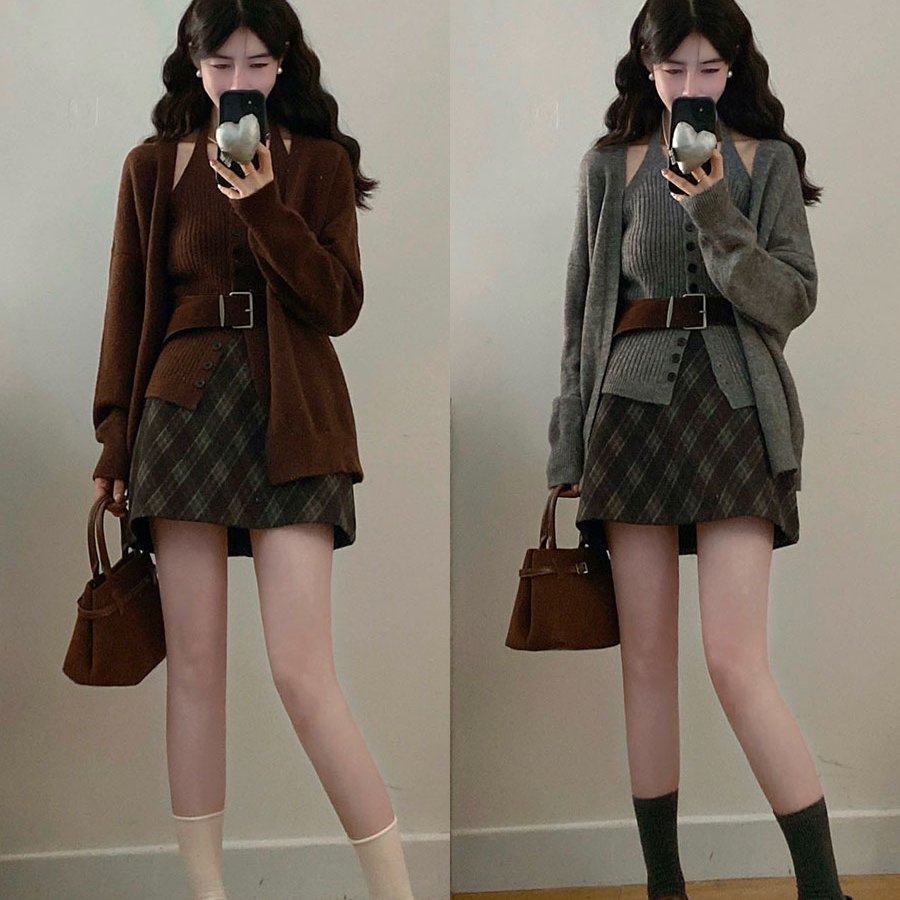 实拍大码女装法式慵懒挂脖吊带针织开衫格纹半身裙三件套套装