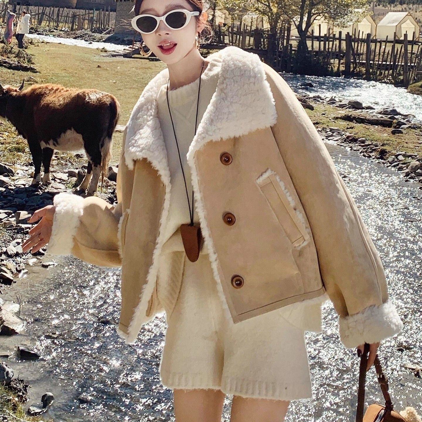 皮毛一体羊羔毛加绒厚外套女秋冬2025新爆款巨好看小个子短款上衣,女装/女士精品,短外套,淘宝优惠券,粉丝福利购,淘宝优惠卷