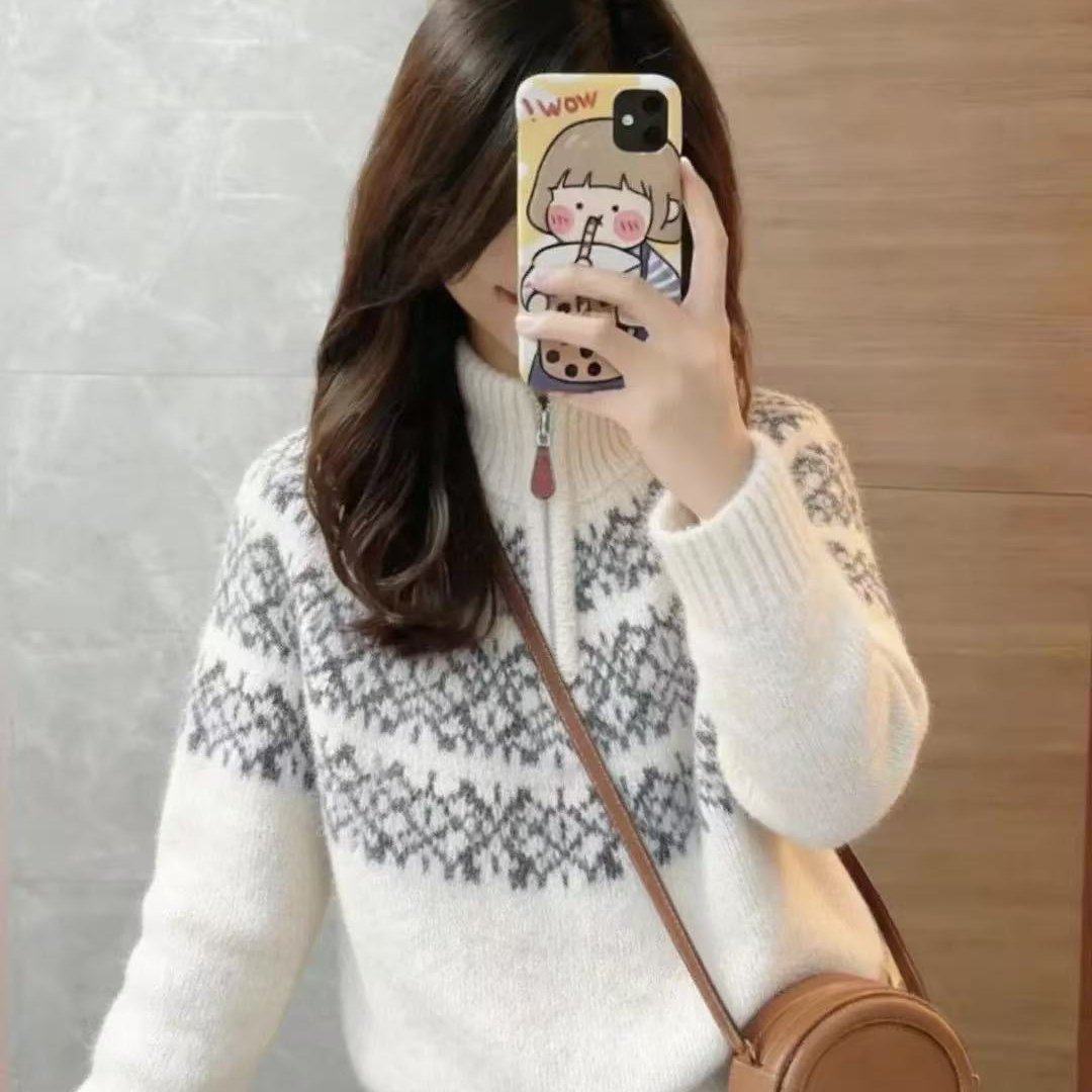 老钱风费尔岛提花毛衣白色高领拉链针织衫慵懒风上衣2025新款时尚