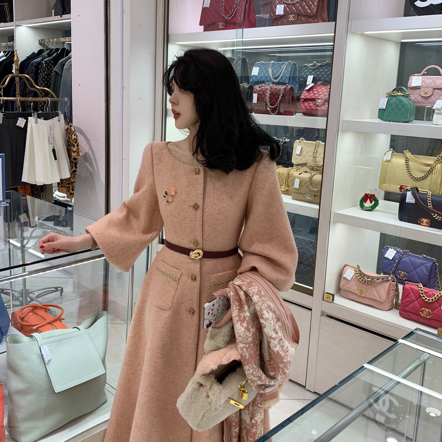 双C腰金丝编织收腰羊毛大衣赫本风裙摆式外套女冬