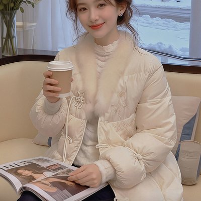 新中式国风粉色棉服外套女冬季大码胖mm独特漂亮盘扣毛领保暖棉衣