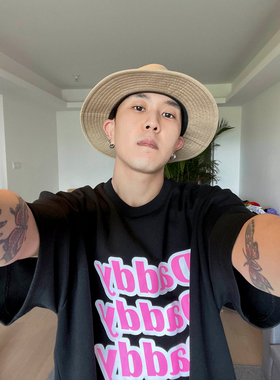 GWHEN原创 410克重磅厚实DADDY粉色印花宽松挺括黑色短袖T恤 男女