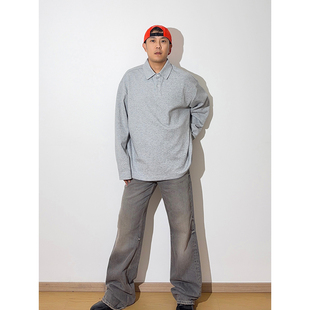 GWHEN 简约灰色miu系衬衫领宽松翻领POLOT恤长袖 男女