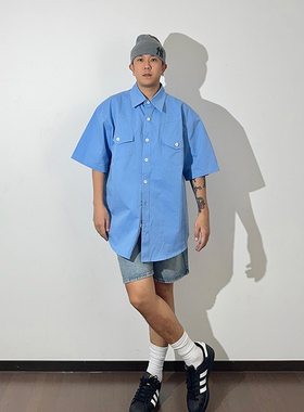 GWHEN 简约clean 廓形宽松蓝色短袖衬衫 男女