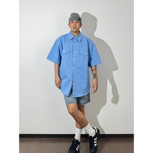 GWHEN 简约clean 廓形宽松蓝色短袖衬衫 男女