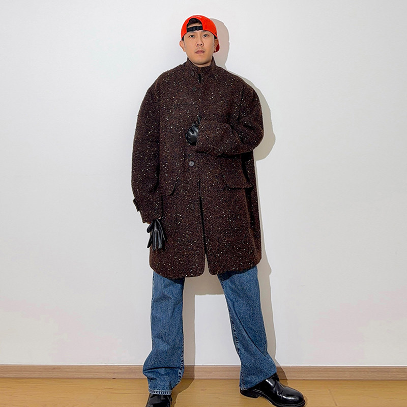 GWHEN 立领棕咖色羊毛呢大口袋宽松中长款毛呢大衣 男女,男装,毛呢大衣,淘宝优惠券,粉丝福利购,淘宝优惠卷