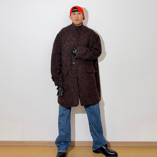 GWHEN 立领棕咖色羊毛呢大口袋宽松中长款毛呢大衣 男女